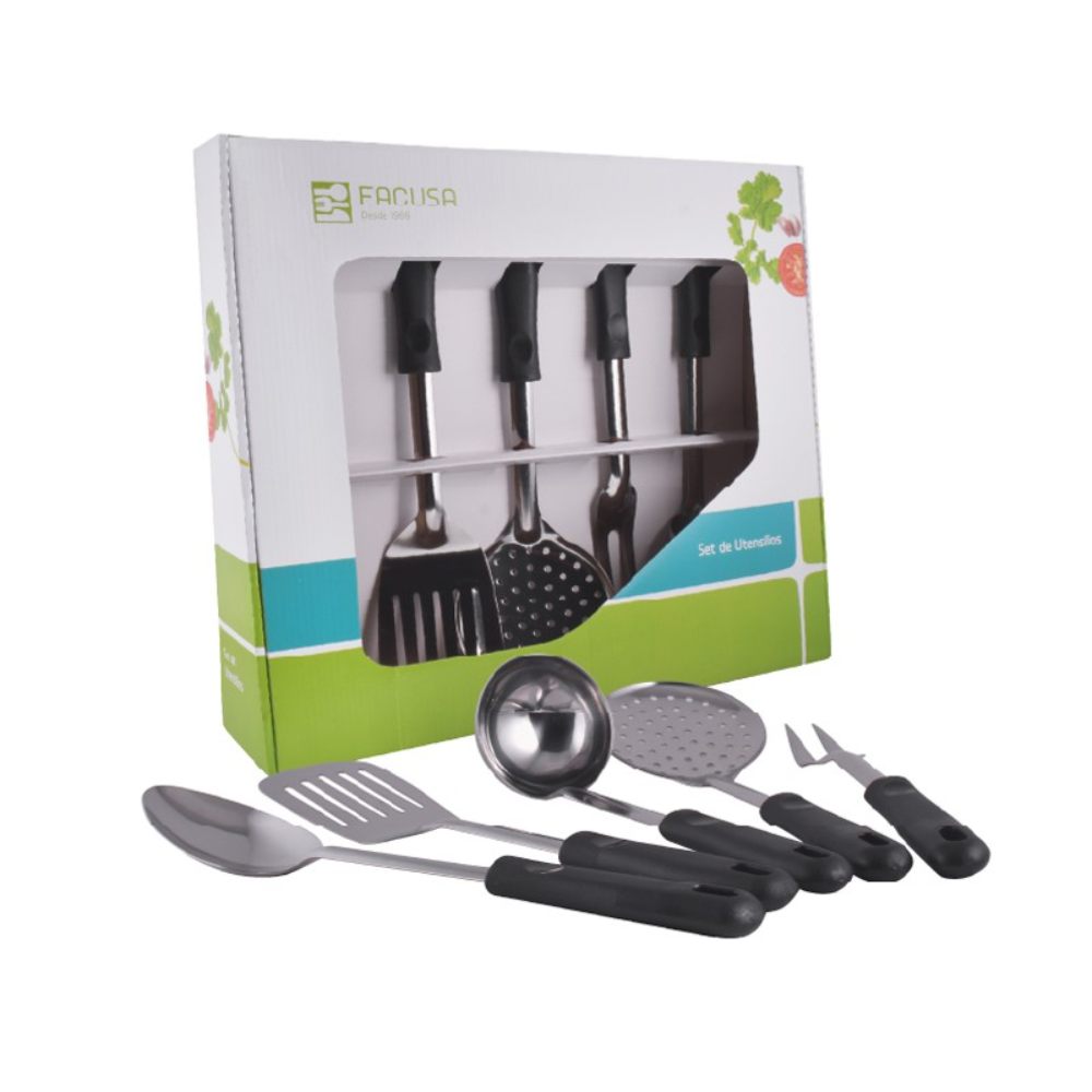 Utensilios De Cocina Facusa Acero Inoxidable Mango Plástico 05 Piezas Negro Modelo Clásico