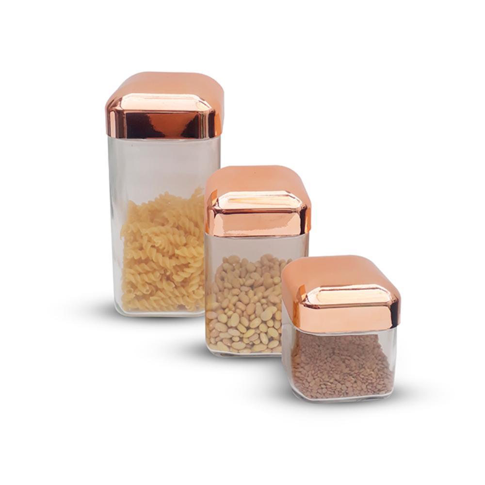 Set De 3 Frascos De Vidrio Ichimatsu Cuadrado Con Tapa Dorada