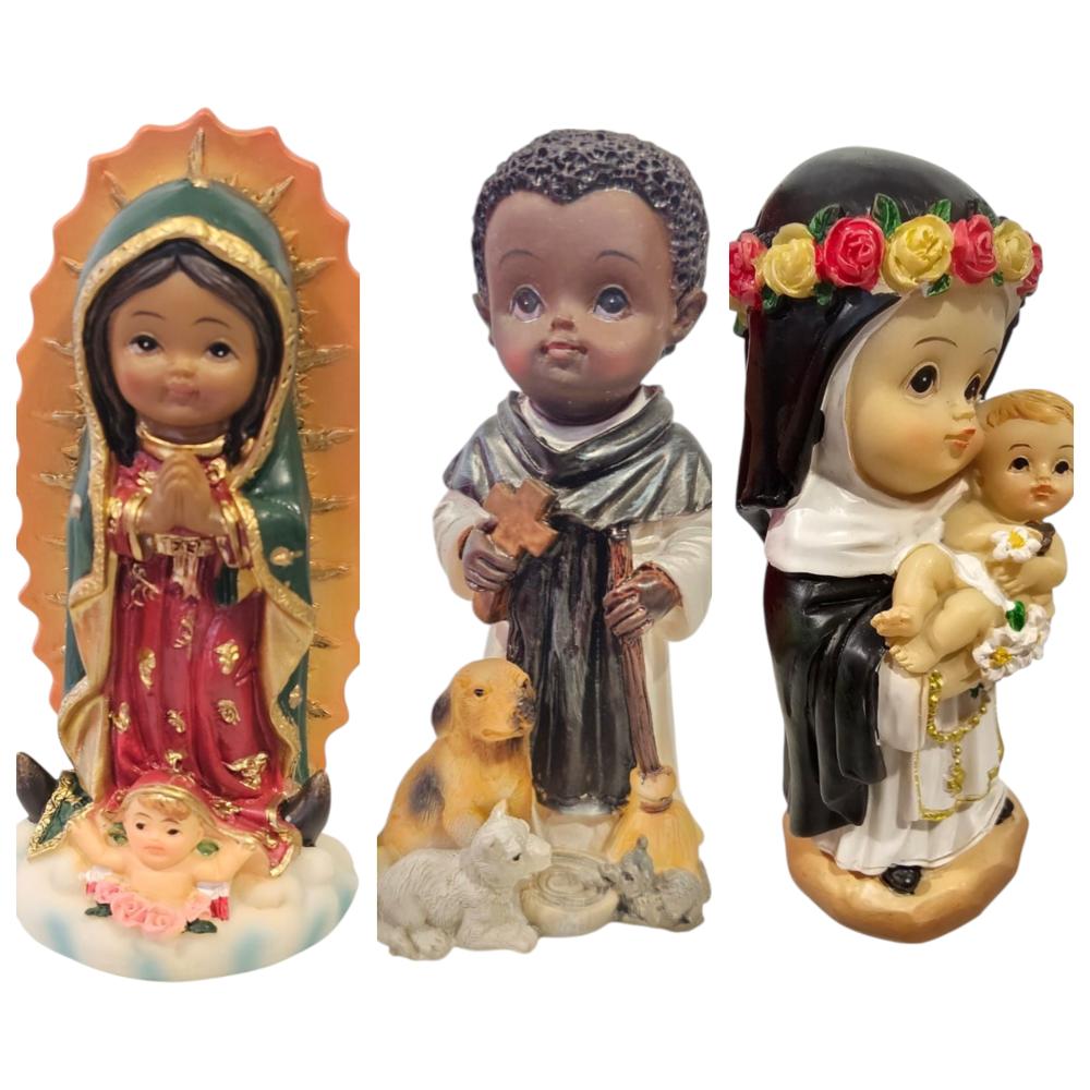 Adorno Religioso Pack x 3 Virgen Guadalupe + Santa Rosa + San Martín Niños Tamaño 2